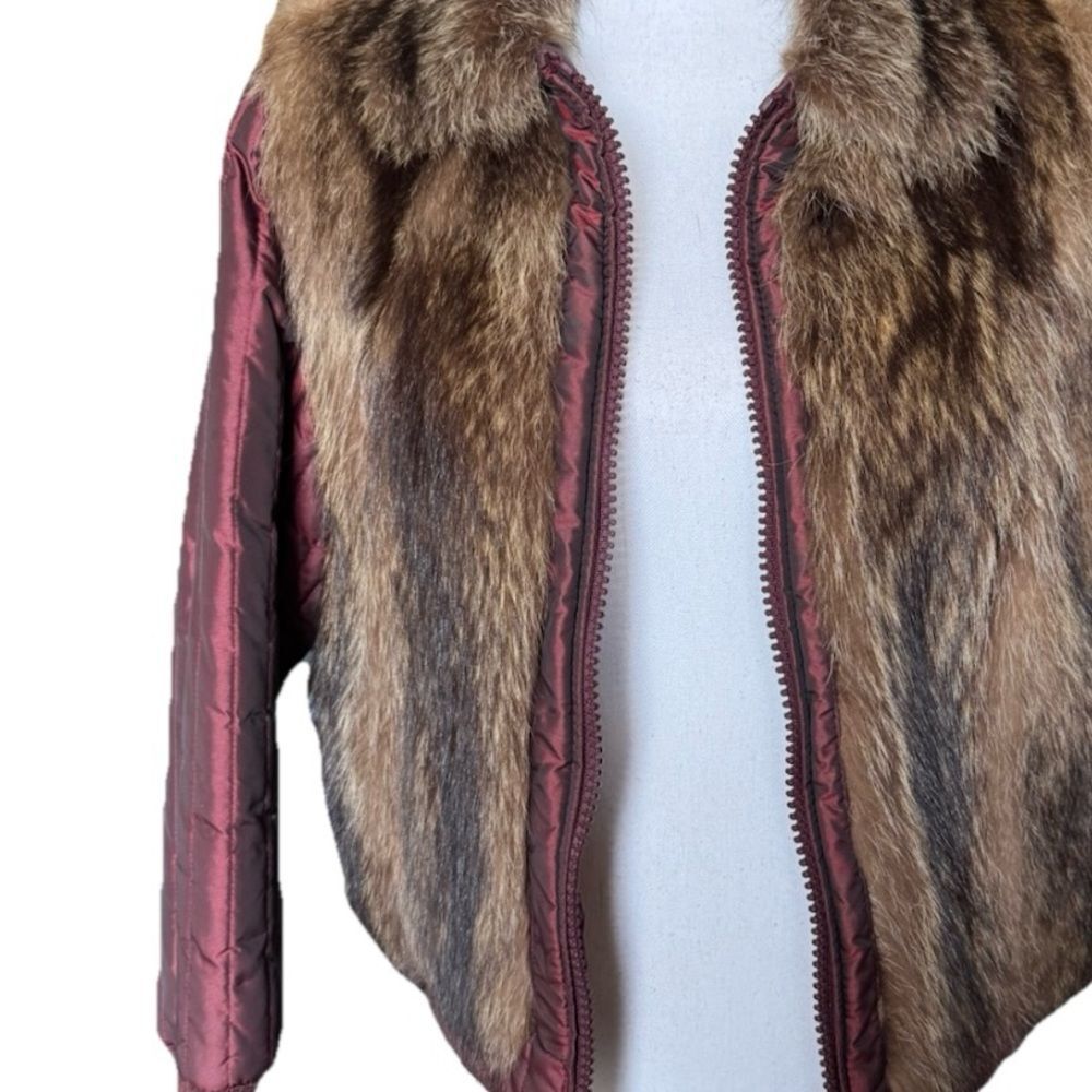 Vintage Raccoon Fur & Burgundy Quilted Bomber Jacket Detachable Sleeves Large - Picture 5 of 9